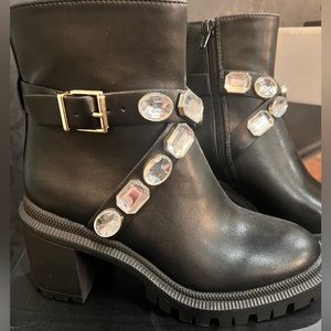 INC lug heel booties with crystal strap detail